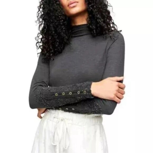 We The Free Tops - Free People We The Free Sz Sm Hooked On You‎ Studded Embroidered Mock Neck Top